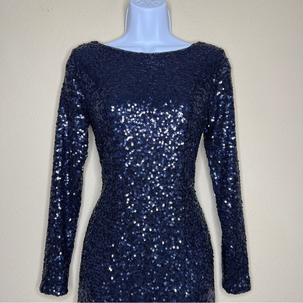 LAUREN RALPH LAUREN Navy Blue Sequin Low-Back Dress - Sz 4 - Picture 2 of 6